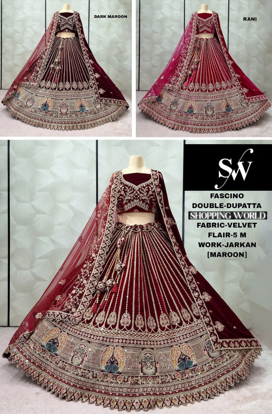 Maroon Dark Maroon Rani pink Velvet Double Dupatta Bridal Lehenga