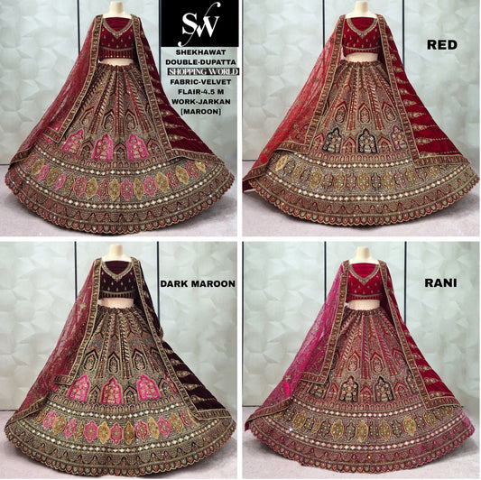 Maroon Dark Maroon Rani pink Red Velvet Double Dupatta Bridal Lehenga