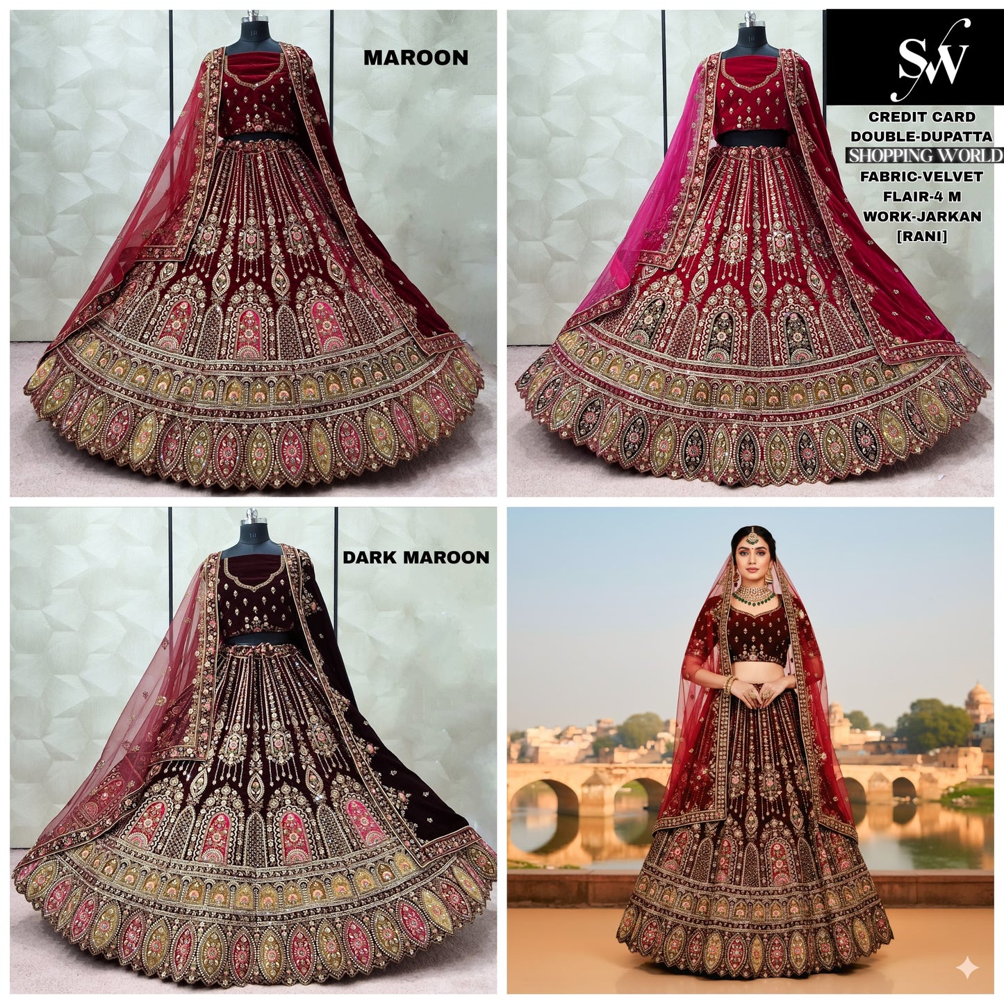 Maroon Dark Maroon Rani pink Velvet Double Dupatta Bridal Lehenga