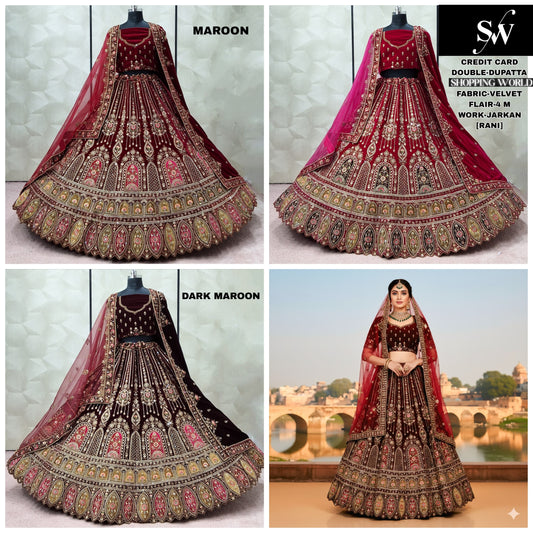 Maroon Dark Maroon Rani pink Velvet Double Dupatta Bridal Lehenga