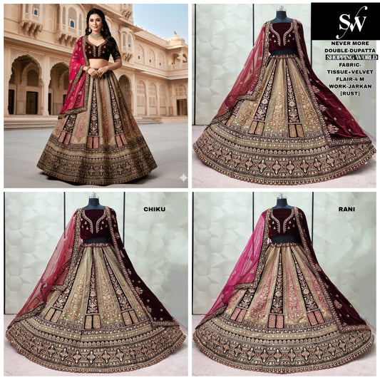 Chiku Golden Rani pink Rust Maroon Velvet Double Dupatta Bridal Lehenga