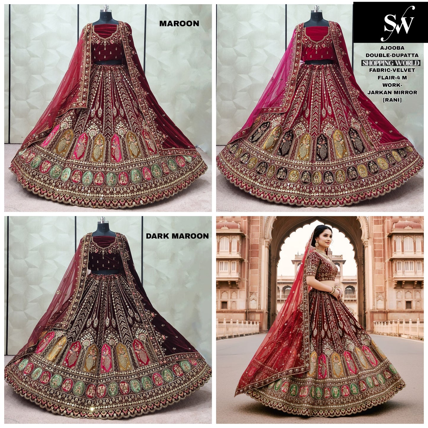 Dark Maroon Maroon Rani pink Velvet Double Dupatta Bridal Lehenga