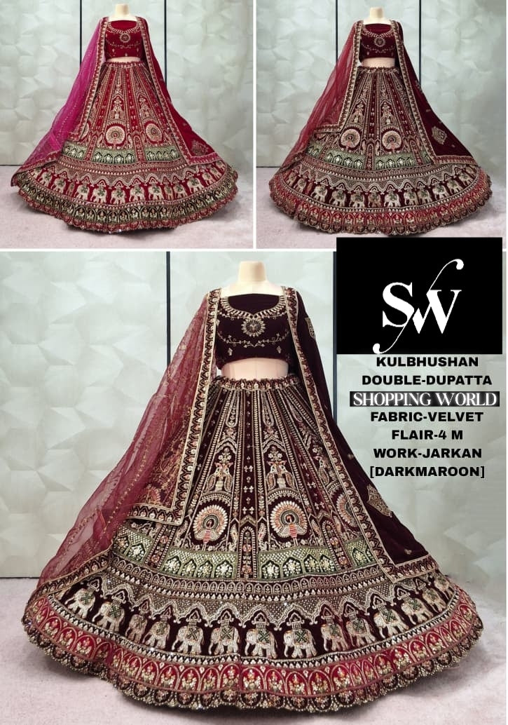 Dark Maroon Maroon Rani pink Velvet Double Dupatta Bridal Lehenga