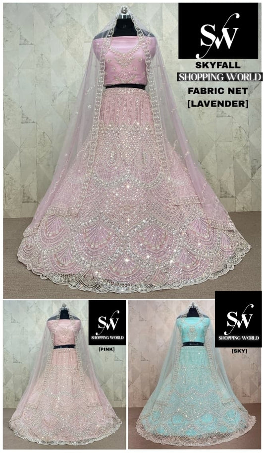 Lavender Onion pink Sky blue Net Lehenga