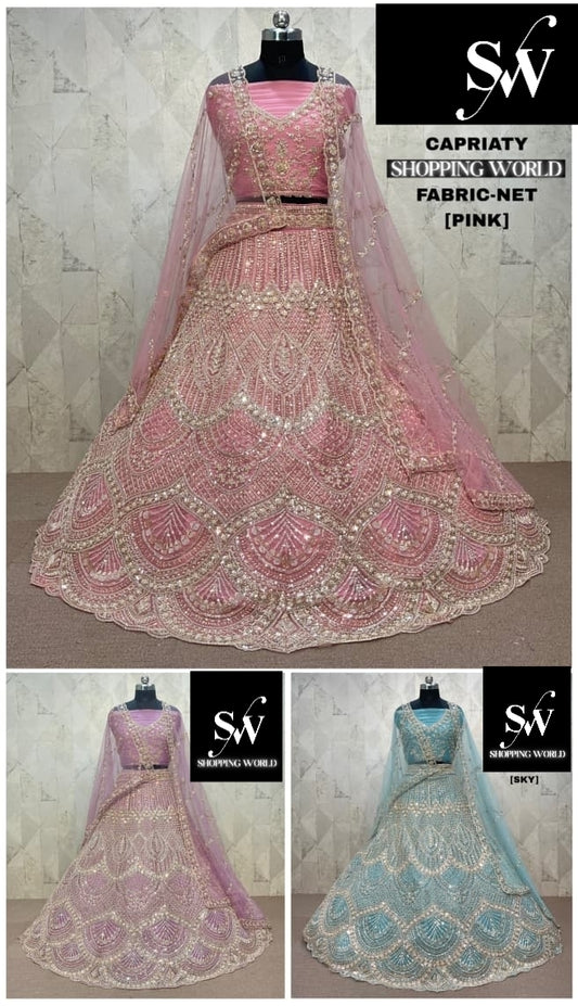 Baby Pink Onion pink Sky blue Net Lehenga