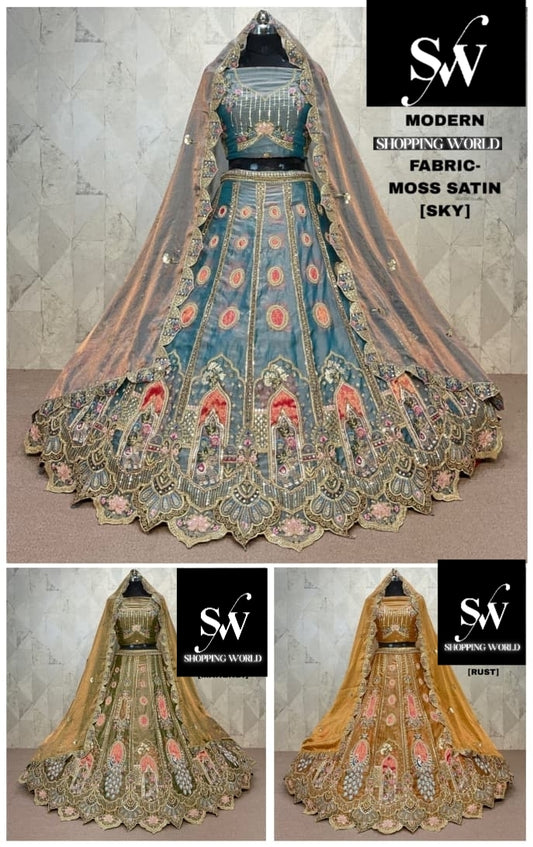 Sky Blue Mehendi green Rust Orange Moss Satin Lehenga