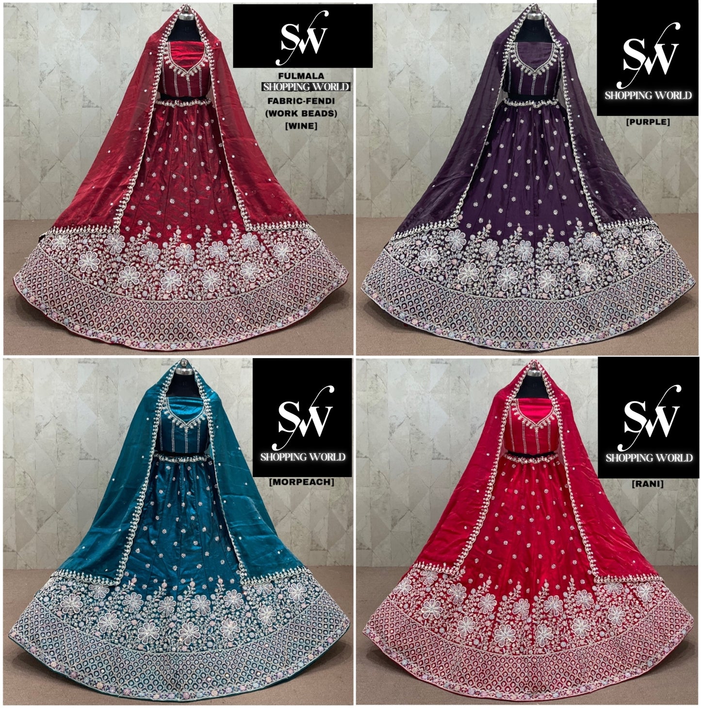 Rani pink Morpeach Blue Wine purple Fendi Lehenga