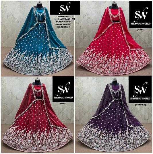 Rani pink Morpeach Blue Wine purple Fendi Lehenga
