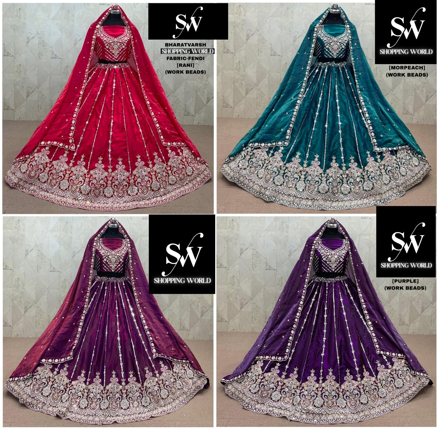 Purple Rani Pink Morpeach Blue wine Fendi Lehenga