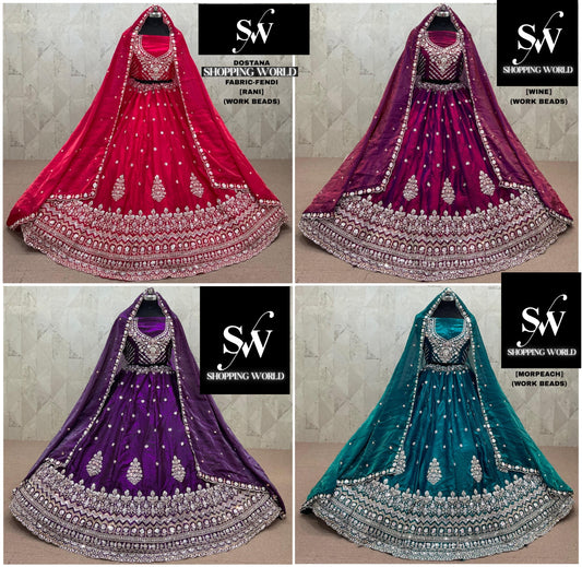 Purple Rani Pink Morpeach Blue wine Fendi Lehenga