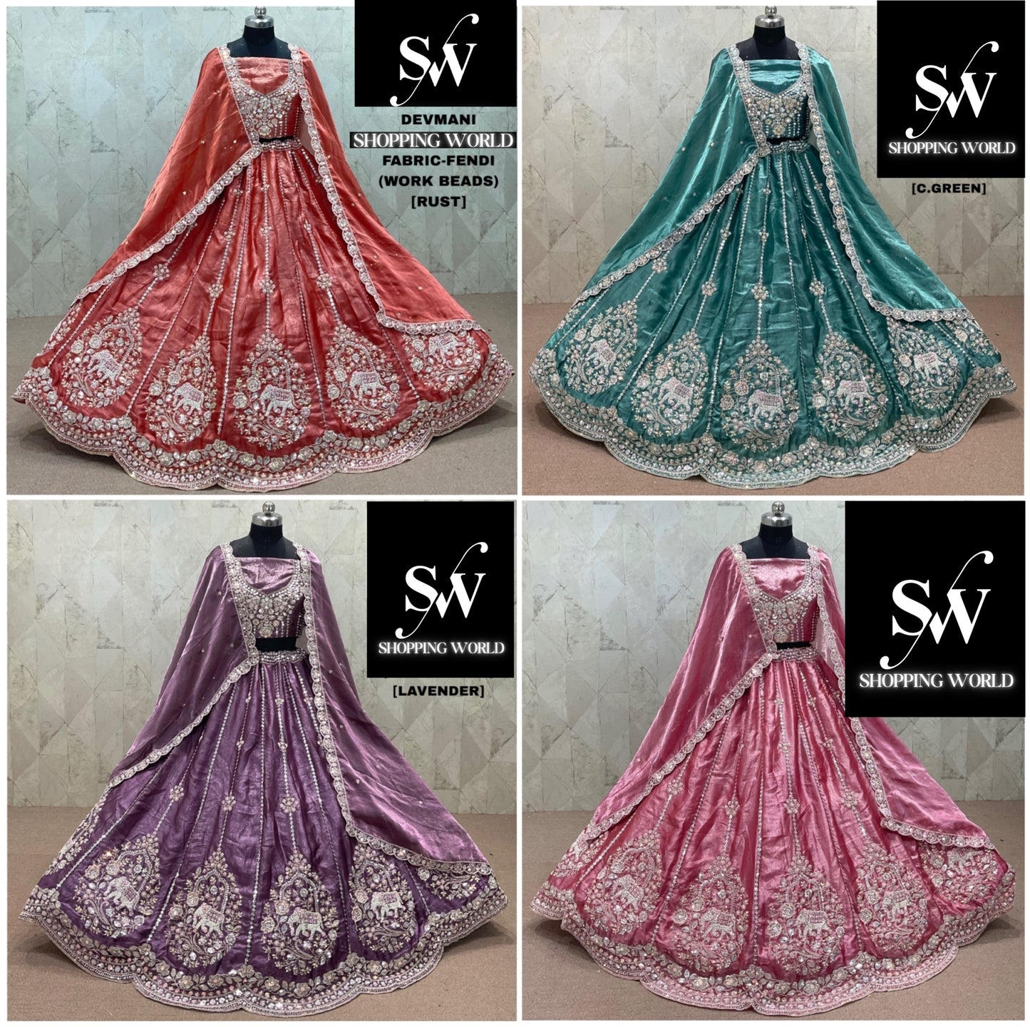 Rust Orange Purple Pink Sea green Fendi Lehenga