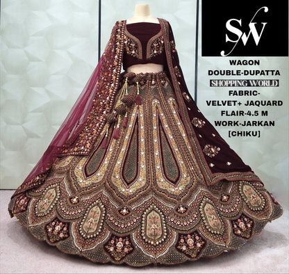 Wedding Rani pink Maroon beige Velvet Double Dupatta Bridal Lehenga