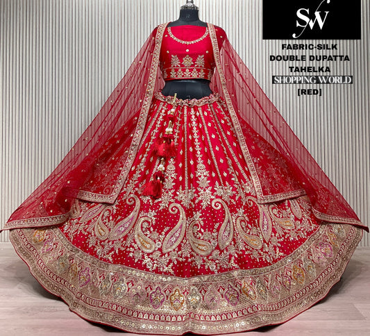 Red Peacock Silk Double Dupatta Bridal lehenga