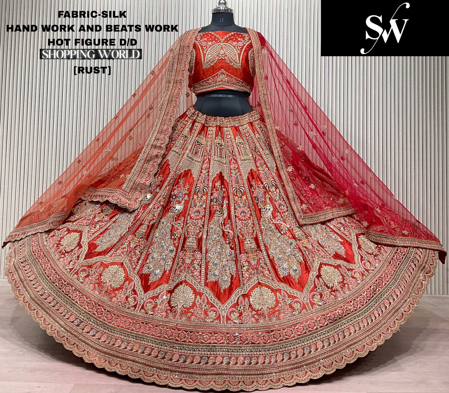 Rust Orange Peacock Silk Bridal lehenga