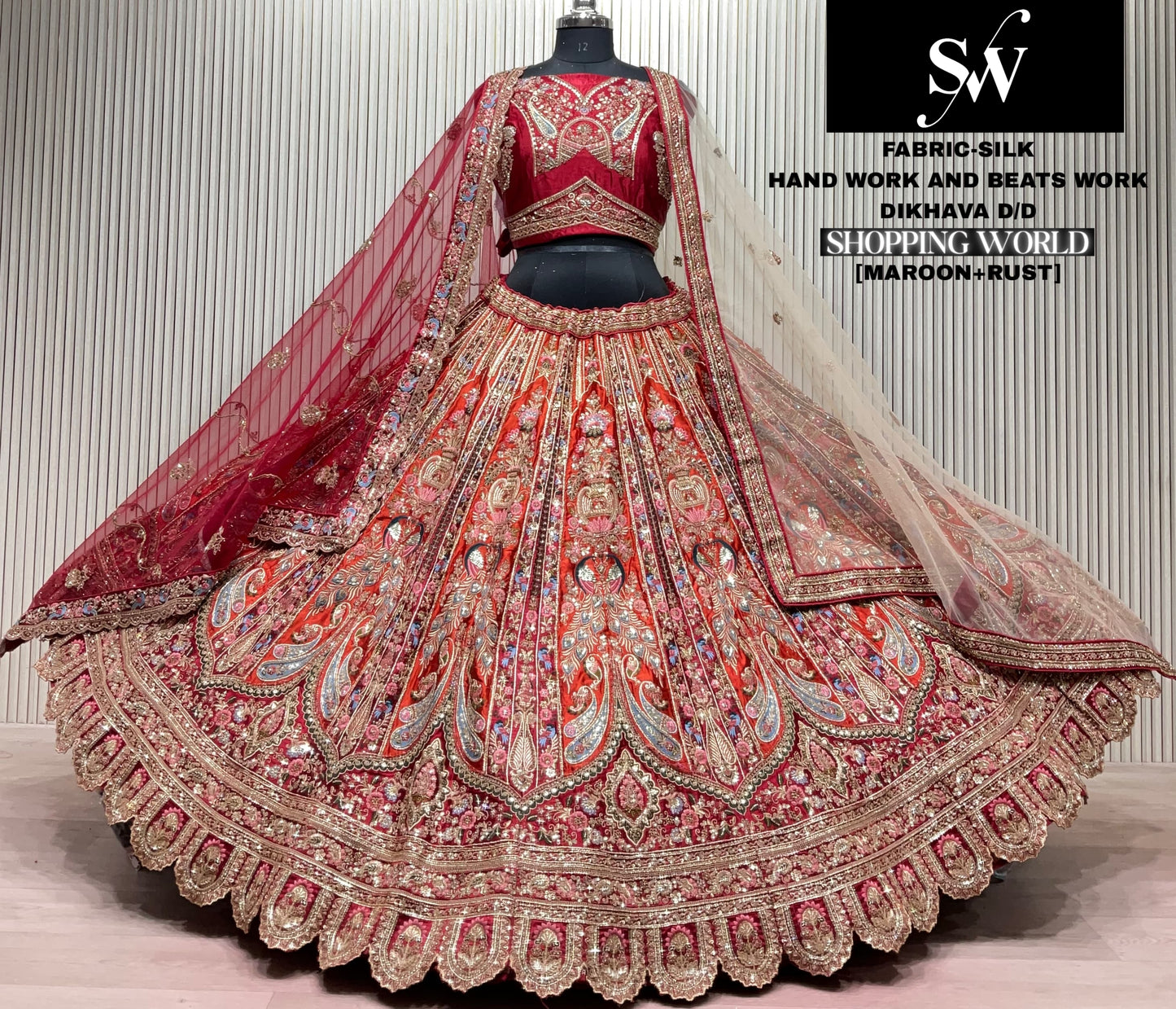 Rust Maroon peacock Silk bridal lehenga