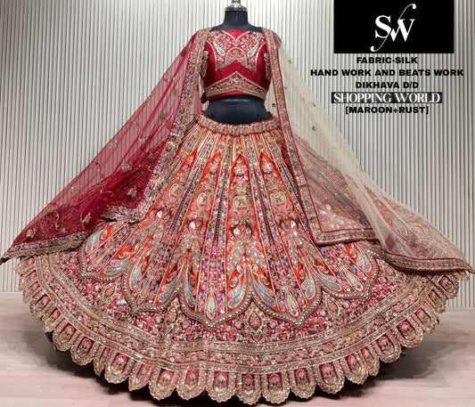 Rust Maroon peacock Silk bridal lehenga