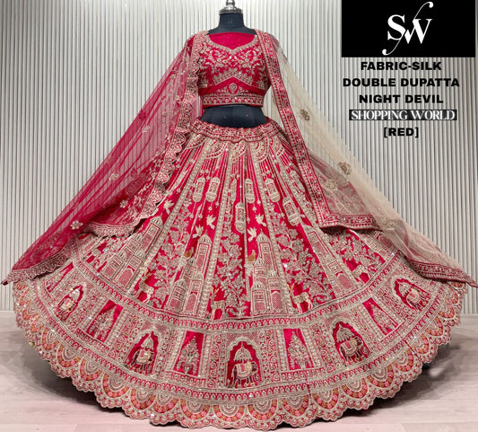 Red peacock Silk Double Dupatta Bridal lehenga