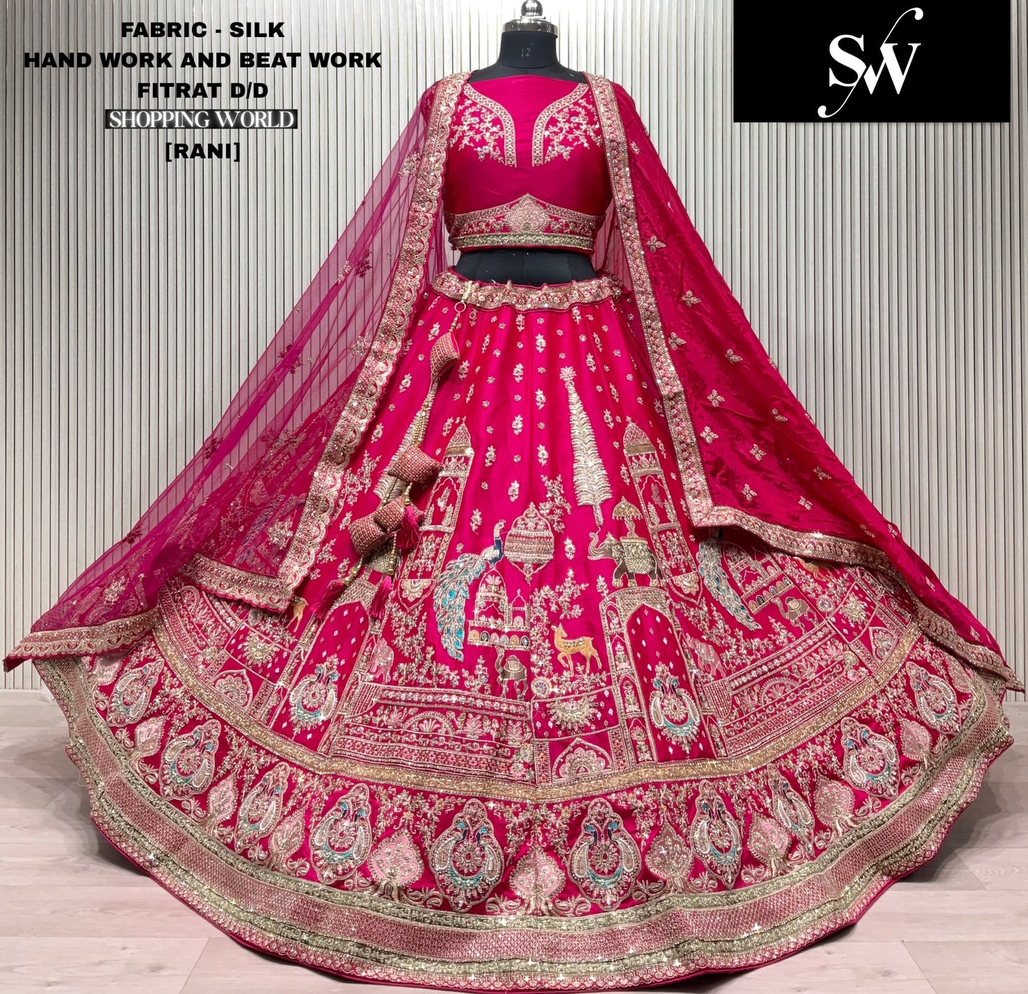 Rani pink Peacock Silk bridal lehenga