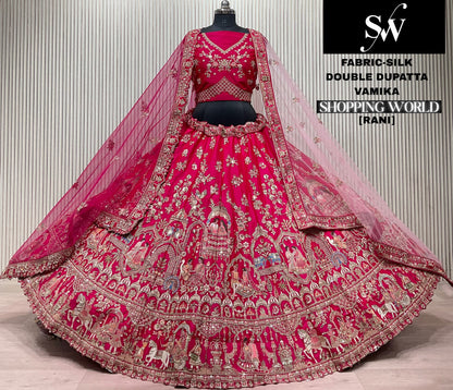 Red Peacock Silk Double Dupatta bridal lehenga