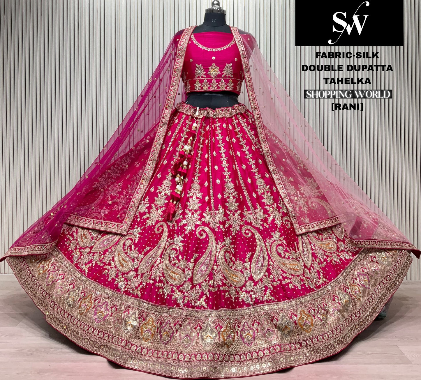 Rani pink peacock Silk Double Dupatta bridal lehenga