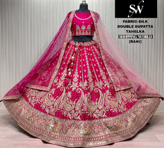 Rani pink peacock Silk Double Dupatta bridal lehenga