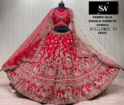Red Peacock Silk Double Dupatta bridal lehenga