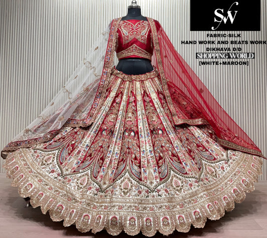 White Maroon peacock Silk bridal lehenga