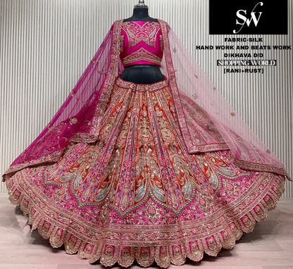 Rust Maroon peacock Silk bridal lehenga