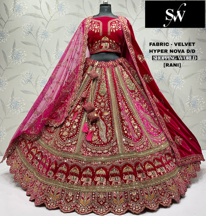 Light Maroon Peacock Velvet bridal lehenga