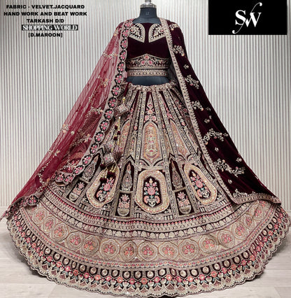 Light Maroon Jacquard Velvet bridal lehenga