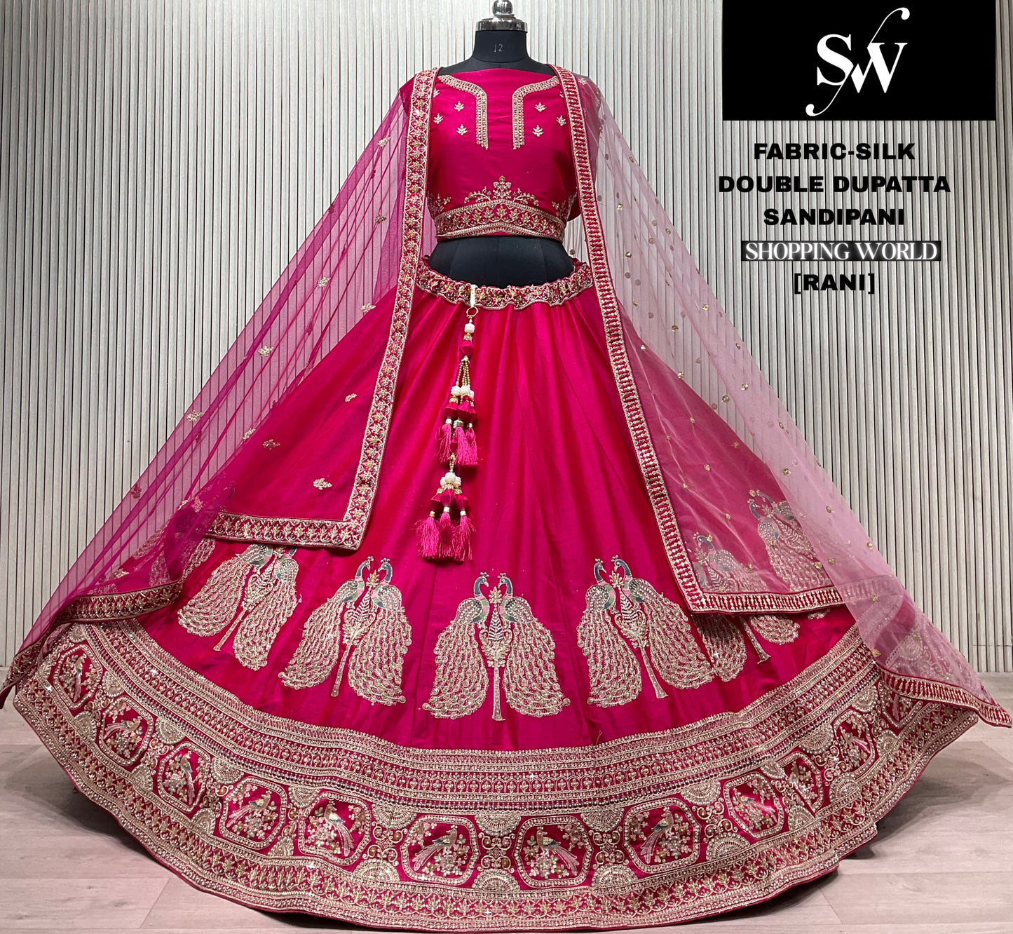 Rani pink peacock Double Dupatta Silk bridal lehenga