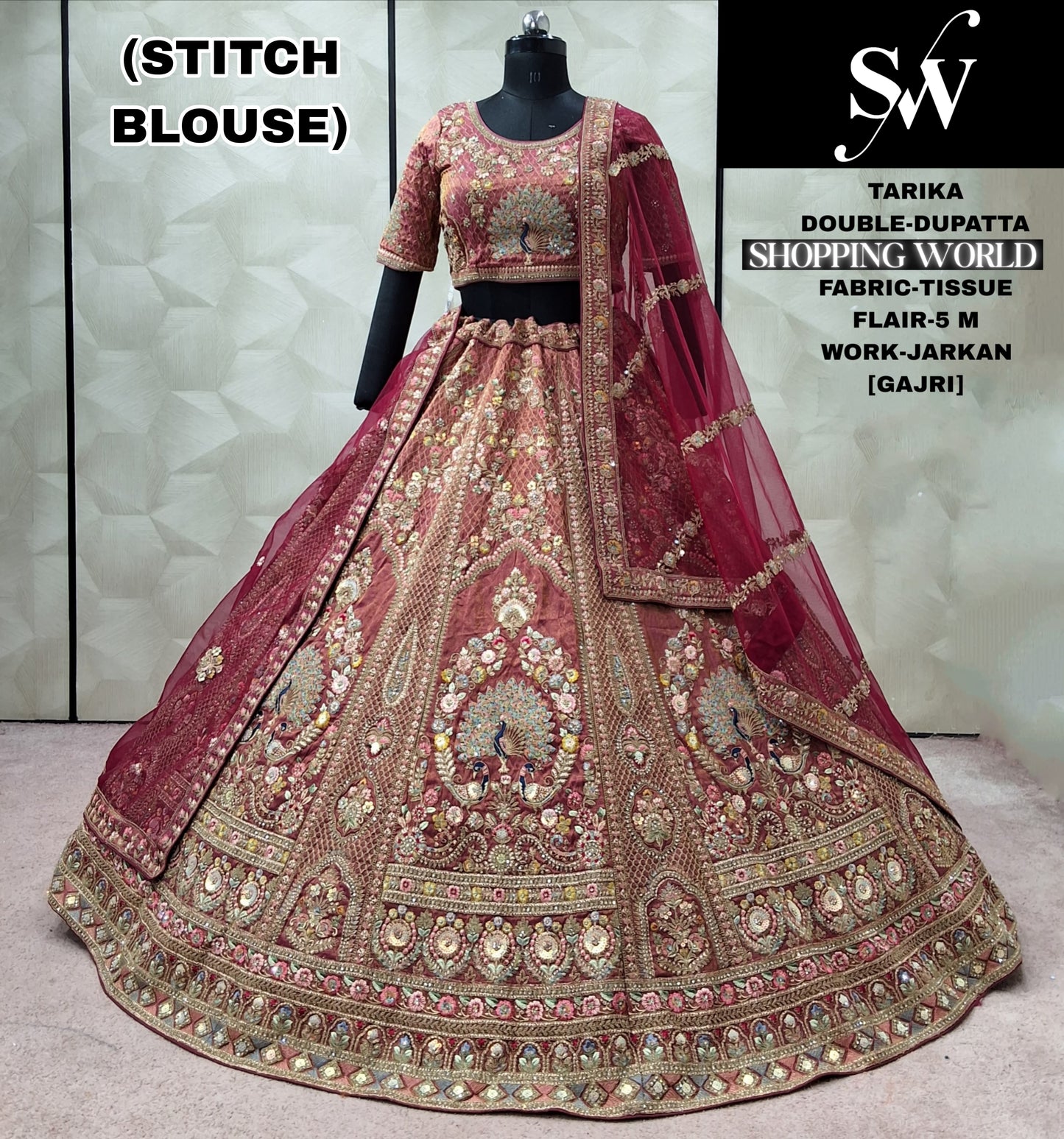 Maroon peacock Tissue Double Dupatta Crop Top Lehenga