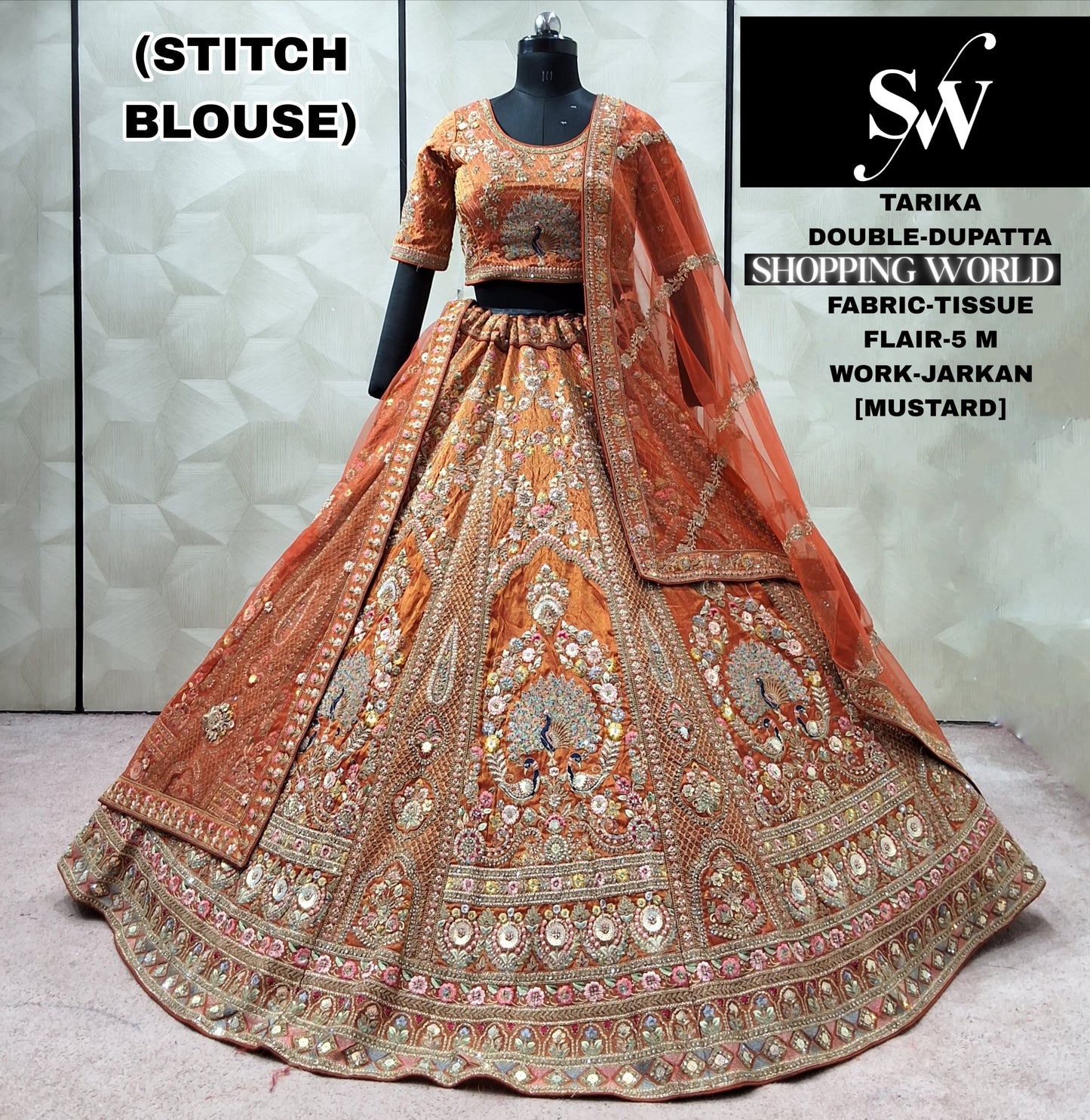 Maroon peacock Tissue Double Dupatta Crop Top Lehenga