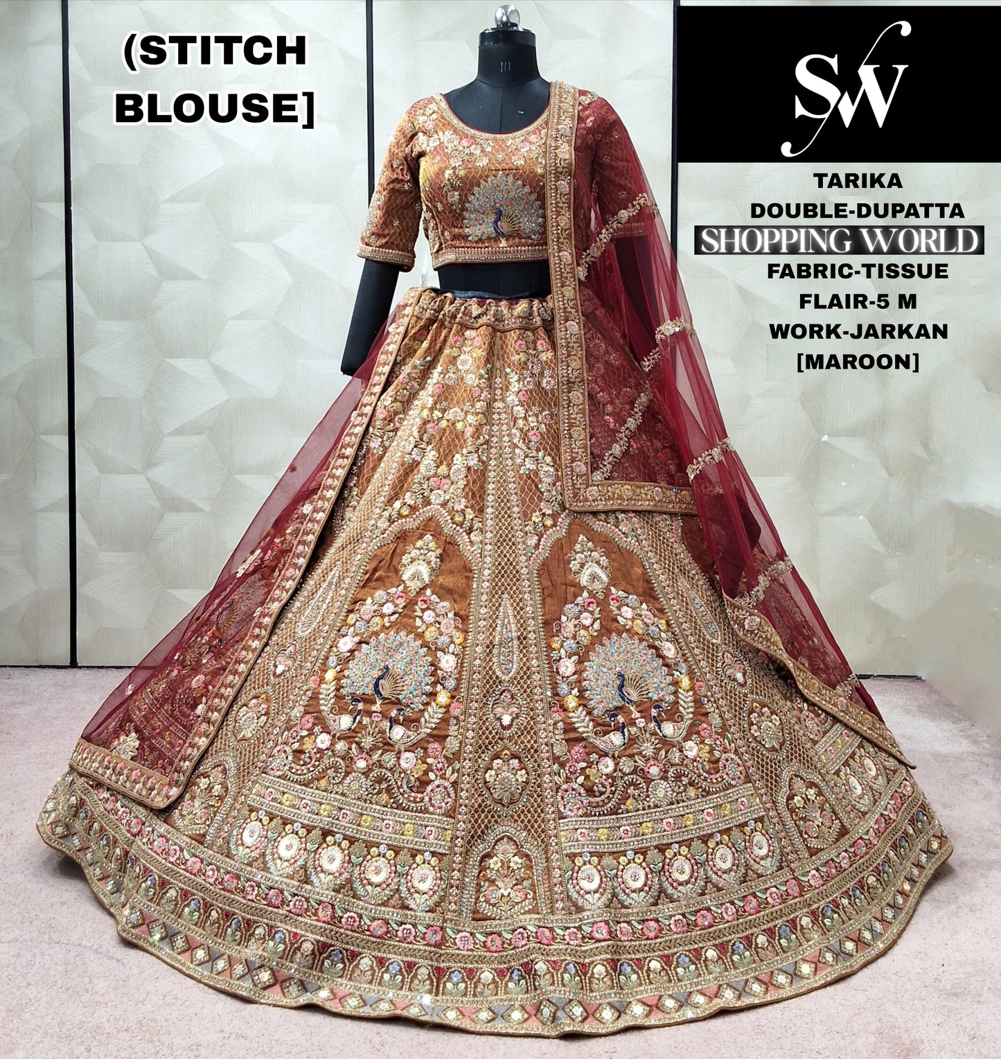 Maroon peacock Tissue Double Dupatta Crop Top Lehenga
