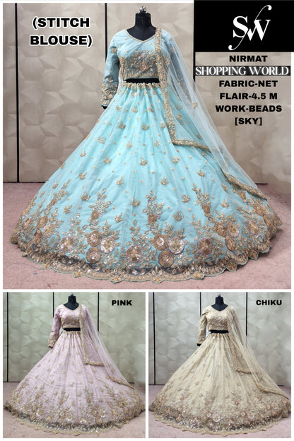 Sky Blue Pink Chiku Golden Net crop top Lehenga - Shopping World