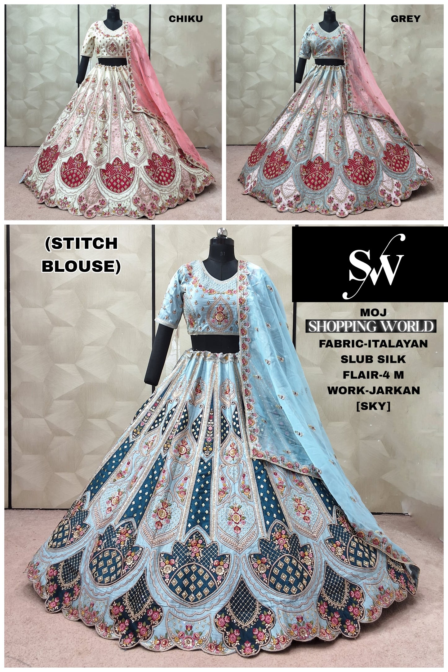 Sky Blue Chiku Golden Grey Slub Silk Ready to Wear crop top Lehenga