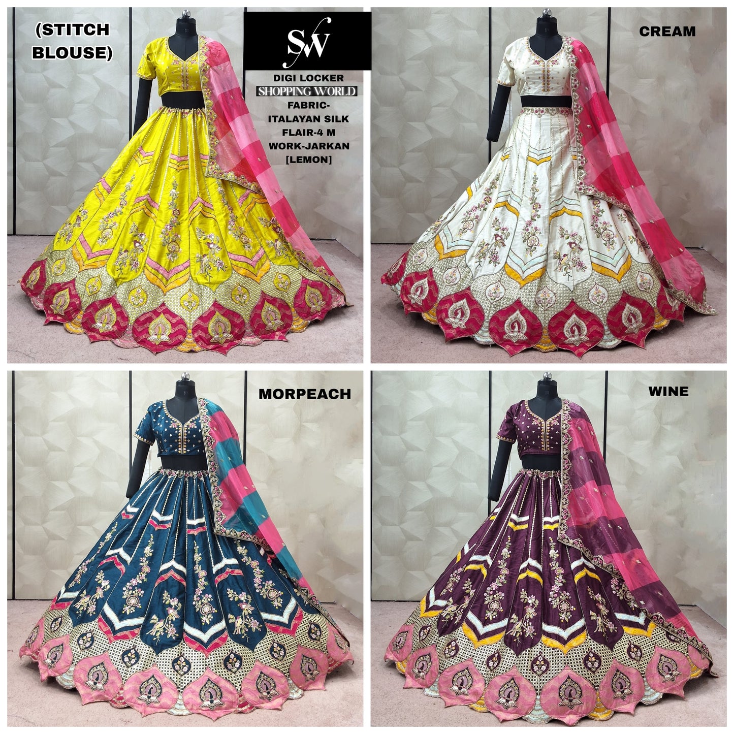 Lemon Yellow Cream White Morpeach Blue Wine Net crop top Lehenga