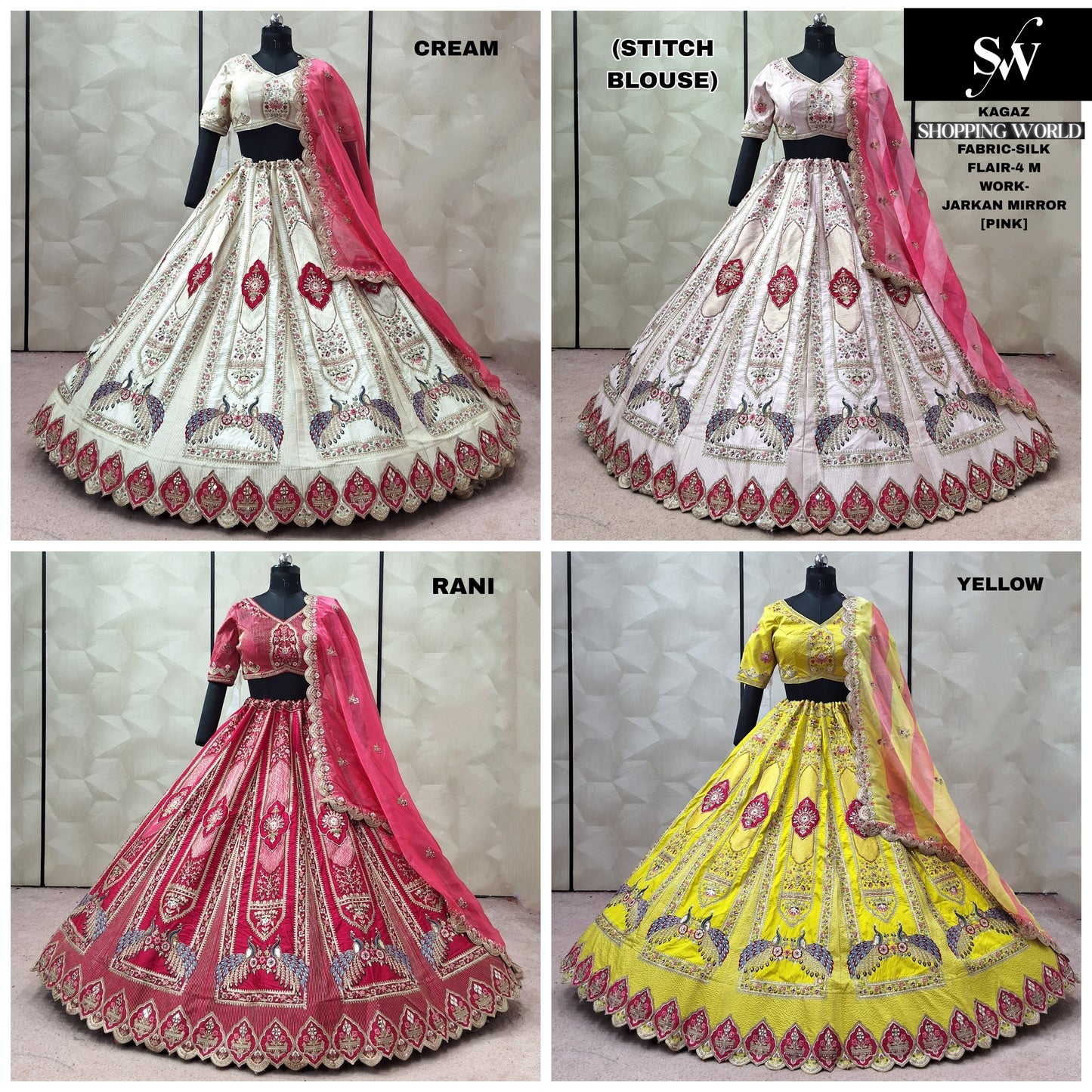 Cream White pink Rani pink Yellow peacock Silk crop top Lehenga