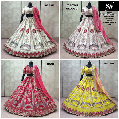 Cream White pink Rani pink Yellow peacock Silk crop top Lehenga