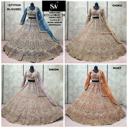 Onion pink Chiku Golden Rust orange Morpeach blue Net crop top Lehenga
