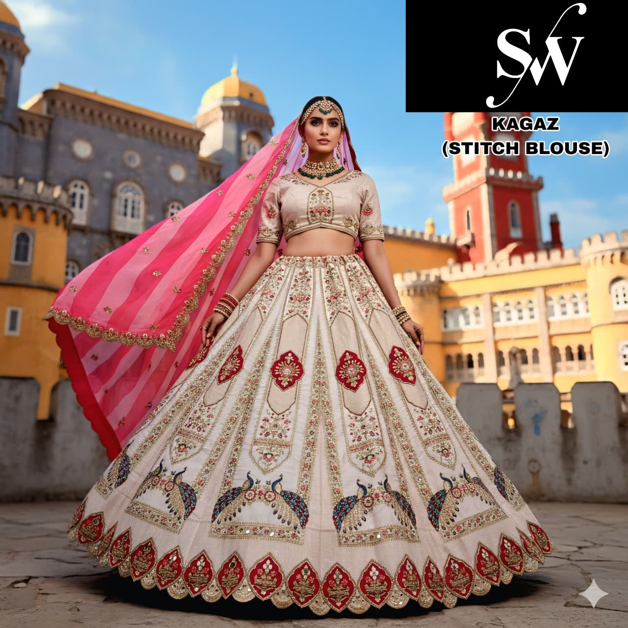 Cream White pink Rani pink Yellow peacock Silk crop top Lehenga