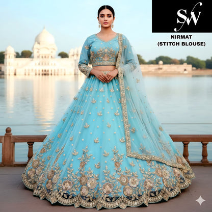 Sky Blue Pink Chiku Golden Net crop top Lehenga - Shopping World
