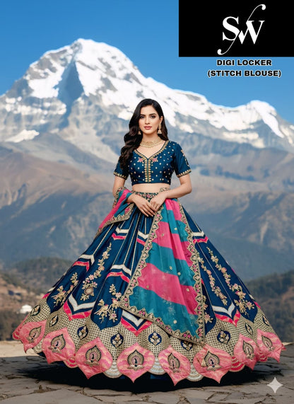 Lemon Yellow Cream White Morpeach Blue Wine Net crop top Lehenga