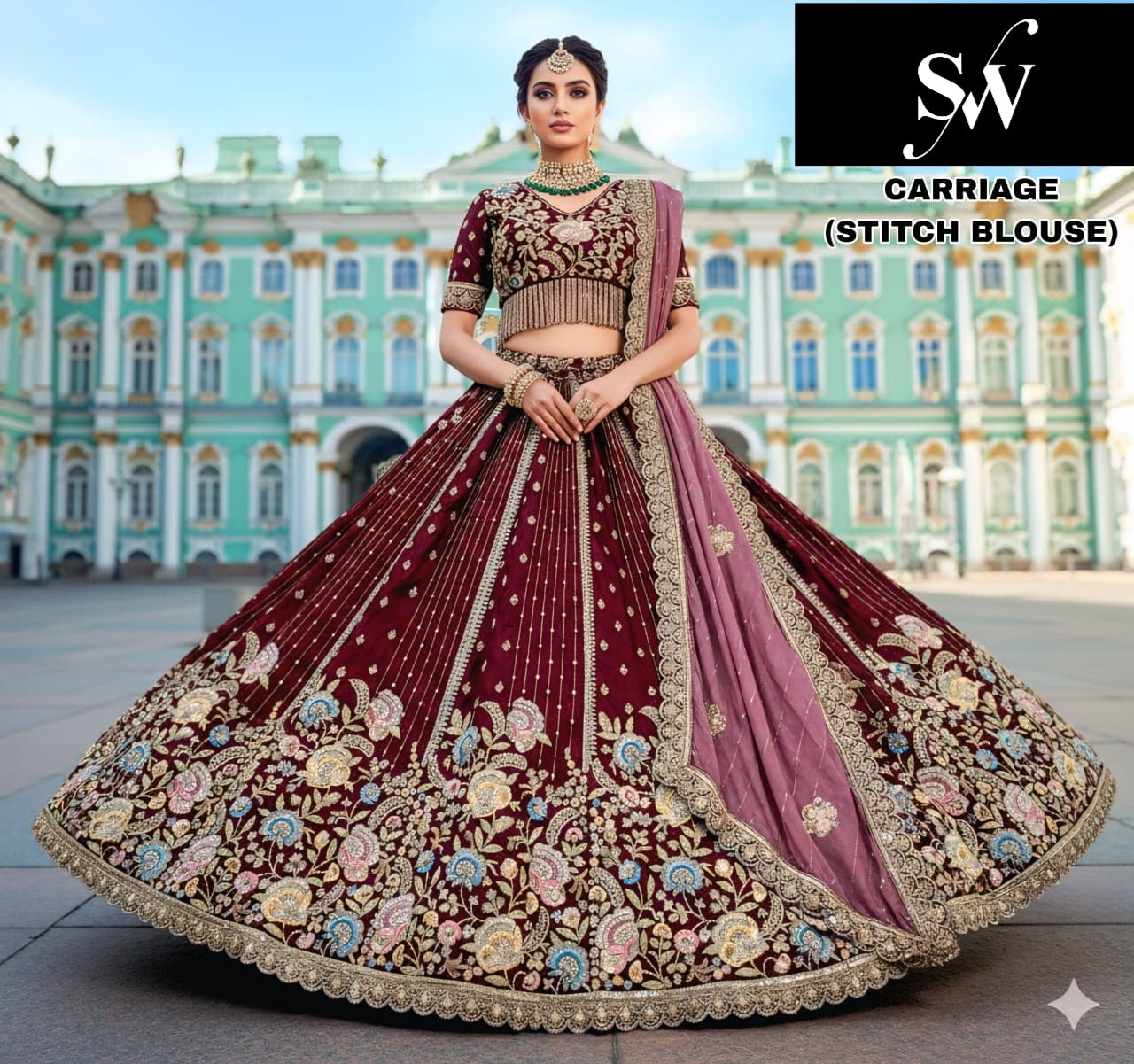 Maroon Rama green Coffee Brown Blue marvel Crush Silk crop top Lehenga