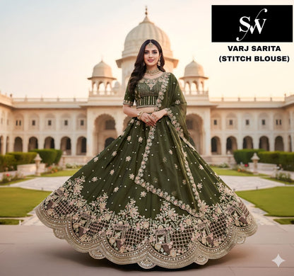 Mehendi Green Rani pink Wine Morpeach Nc moss crop top Lehenga - Shopping World