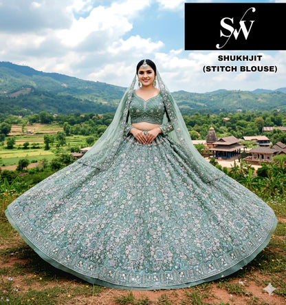 Pista Green Gajri pink Sky blue Net crop top Lehenga