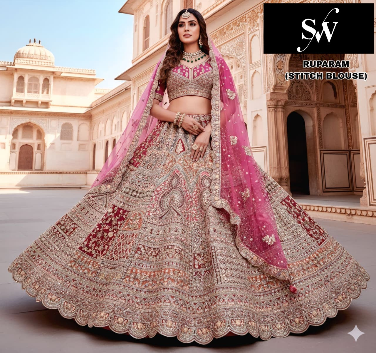 Gajri pink Onion Chiku Golden Butterfly crop top Lehenga