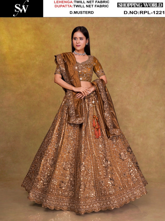 Dark Mustard Twill Net Lehenga - Shopping World