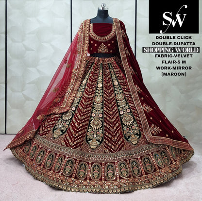 Rani Pink Velvet Double Dupatta bridal Lehenga - Shopping World