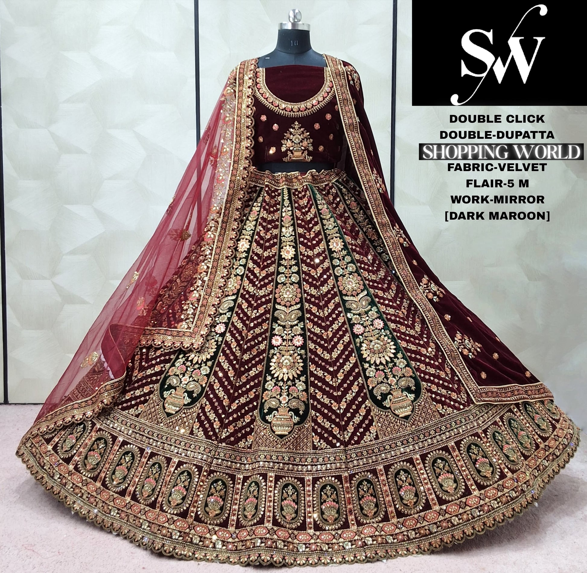 Rani Pink Velvet Double Dupatta bridal Lehenga - Shopping World